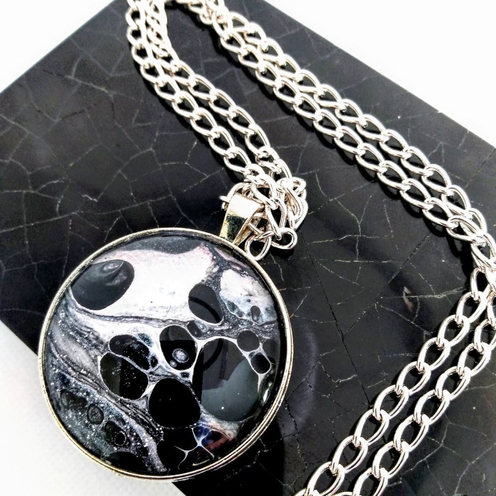 Pendant Necklace Silver Chain "DEEP SPACE" Fluid Art Hand Painted